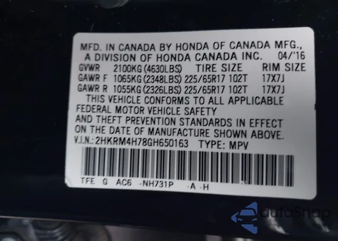 2016 Honda Cr-V Ex-L z USA, uszkodzony, nr VIN 2HKRM4H78GH650163